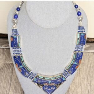 Tibetan Silver Lapis Lazuli Turquoise  Coral Heart Statement  Necklace